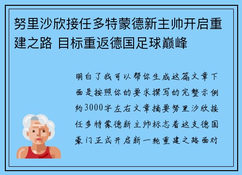 努里沙欣接任多特蒙德新主帅开启重建之路 目标重返德国足球巅峰 努里沙欣接任多特蒙德新主帅开启重建之路 目标重返德国足球巅峰